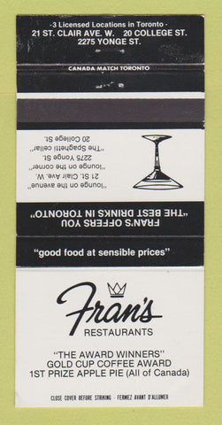 Matchbook Cover - Fran's Restaurant Toronto ON 30 Strike