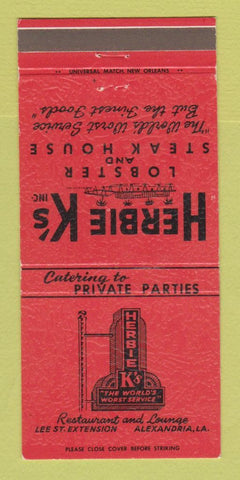 Matchbook Cover - Herbie K's Restaurant Steak Alexandria LA 30 Strike
