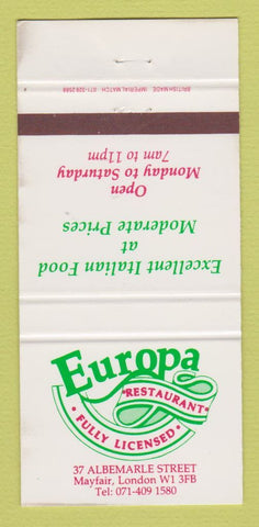 Matchbook Cover - Europa Restaurant London UK England Italian WEAR 30 Strike