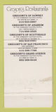 Matchbook Cover Gregory's Restaurants Downey Anaheim San Francisco CA 30 Strike