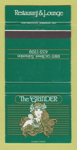 Matchbook Cover - The Grinder Restaurant Edmonton AB girlie 30 Strike