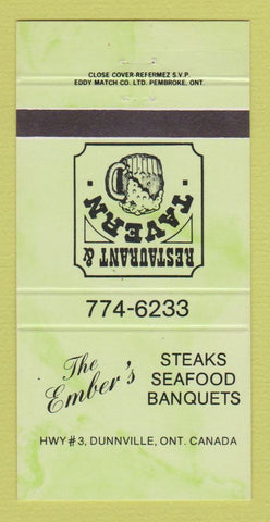 Matchbook Cover - Ember's Restaurant Dunnville ON GREEN 30 Strike