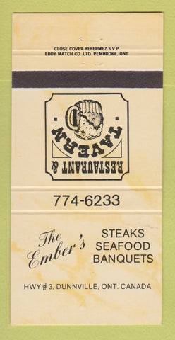 Matchbook Cover - Ember's Restaurant Dunnville ON YELLOW 30 Strike