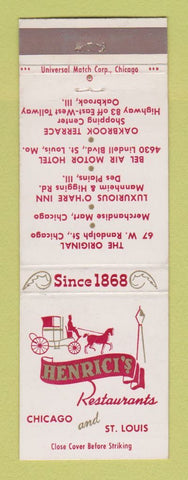 Matchbook Cover - Henrici's Restaurants Chicago IL St Louis MO