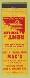 Matchbook Cover - Mac's Trailer Rentals Chicago IL