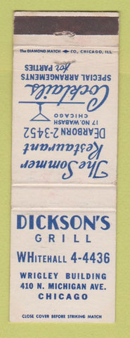 Matchbook Cover - Dickson's Grill Chicago IL Sommer Restaurant WORN BACK