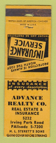 Matchbook Cover - Advance Real Estate Chicago IL POOR STRIKER
