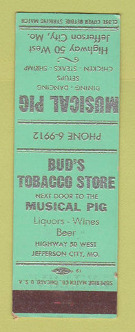 Matchbook Cover - Musical Pig Jefferson City MO Bud's Tobacco SAMPLE WORN BACK
