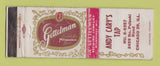 Matchbook Cover - Gettelman Beer Andy Cary's Tap Chicago IL WORN