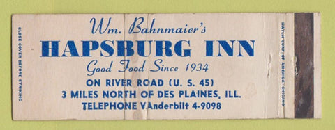 Matchbook Cover - Hapsburg Inn Des Plaines IL WORN Full Length