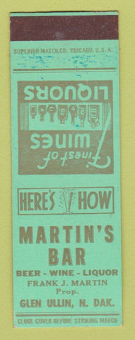 Matchbook Cover - Martin's Bar Glen Ullin ND SAMPLE WORN BACK