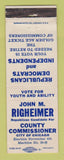 Matchbook Cover - John Righeimer County Commissioner Election Chicago IL