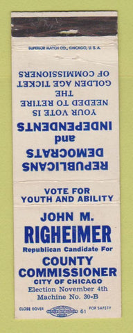 Matchbook Cover - John Righeimer County Commissioner Election Chicago IL