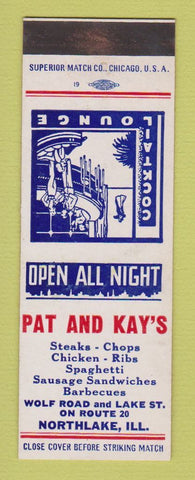 Matchbook Cover - Pat and Kay's Northlake IL restaurant SAMPLE WEAR