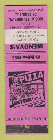 Matchbook Cover - Menova's Restaurant Pizza Chicago IL WEAR