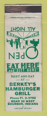 Matchbook Cover - Berkey's Hamburger Grill Bourbon IN WORN