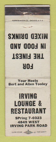 Matchbook Cover - Irving Lounge Restaurant Chicago IL WORN
