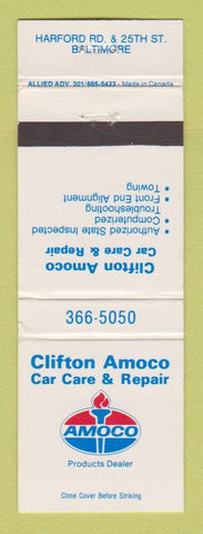 Matchbook Cover - Amoco oil gas Clifton ar Care Repair Baltimore MD