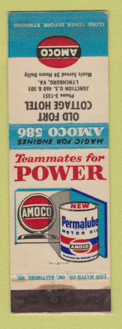 Matchbook Cover - Amoco oil gas Old Fort Cottage Hotel Lynchburg VA LAMINATED