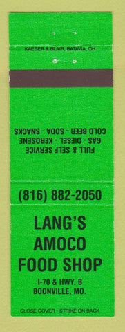 Matchbook Cover - Amoco oil gas Lang's Food Shop Boonville MO GREEN