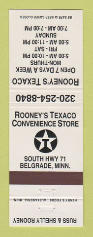 Matchbook Cover - Texaco oil gas Rooney's Belgrade MN