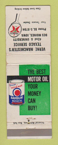 Matchbook Cover - Texaco oil gas Verne Manchester's Des Moines IA WEAR