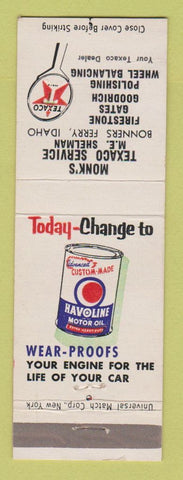 Matchbook Cover - Texaco oil gas Monk's Bonners Ferry ID Firestone Tires