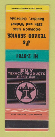 Matchbook Cover - Texaco oil gas J's Boulder Colorado Goodrich Tires LAMINATED