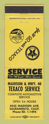 Matchbook Cover - Texaco oil gas Madison & Highway 40 Sacramento CA YELLOW WEAR