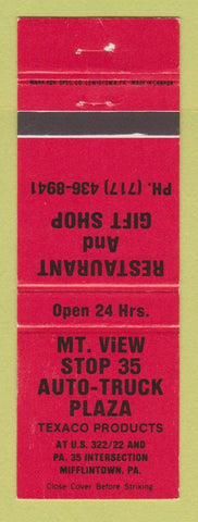 Matchbook Cover - Texaco oil gas Mountain View Stop 35 Plaza Mifflintown PA RED