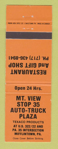 Matchbook Cover Texaco oil gas Mountain View Stop 35 Plaza Mifflintown PA ORANGE