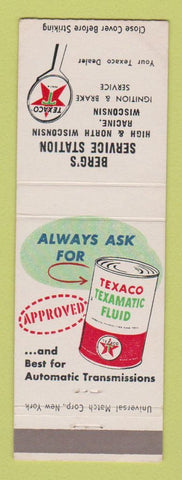 Matchbook Cover - Texaco oil gas Berg's Racine WI