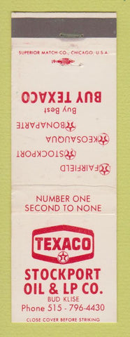 Matchbook Cover Texaco oil gas Stockport Klise IA Fairfield Keosauqua Bonaparte