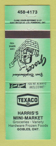 Matchbook Cover - Texaco oil gas Harris's Mini Market Gobles ON GREEN