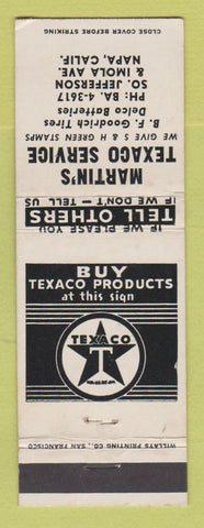 Matchbook Cover - Texaco oil gas Martin's Napa CA WHITE