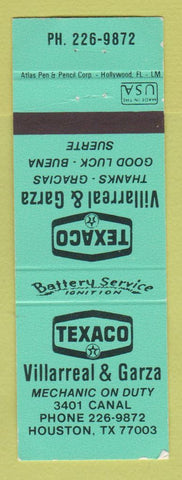 Matchbook Cover - Texaco oil gas Villarreal & Garza Houston TX TEAL WEAR