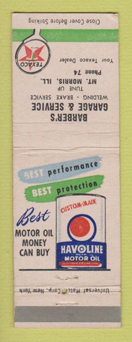 Matchbook Cover - Texaco oil gas Barber's Garage Mount Morris IL low phone #