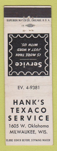 Matchbook Cover - Texaco oil gas Hank's Milwaukee WI