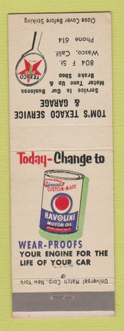 Matchbook Cover - Texaco oil gas Tom's Garage Wasco CA