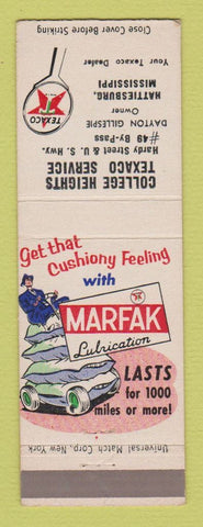 Matchbook Cover - Texaco oil gas College Heights Hattiesburg MS