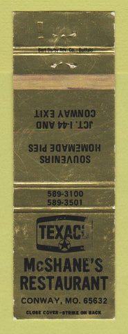 Matchbook Cover - Texaco oil gas McSHane's Restaurant Conway MO WORN
