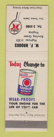 Matchbook Cover - Texaco oil gas WF Brooks Bowling Green VA LAMINATED
