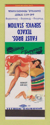 Matchbook Cover Texaco oil gas Faust Bros Danville PA pinup SAMPLE? Staple Holes