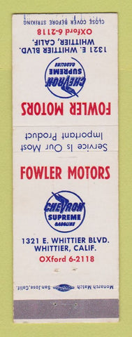 Matchbook Cover - Chevron oil gas Fowler Motors Whittier CA