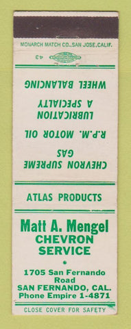 Matchbook Cover - Chevron oil gas Matt Mengel San Fernando CA