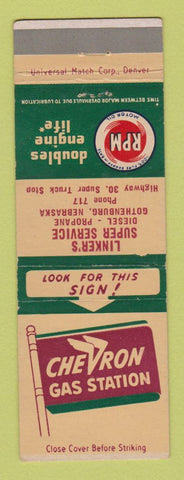 Matchbook Cover - Chevron oil gas Linker's Gothenburg NE low phone # RPM