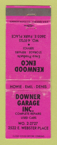 Matchbook Cover - Enco oil gas Downer Garage Kenwood WEAR