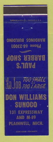 Matchbook Cover - Sunoco oil gas Don Williams Paul's Barber Shop Plainview MI