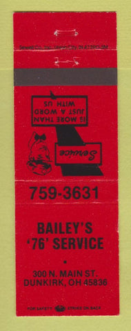 Matchbook Cover - Union 76 oil gas Bailey's Dunkirk OH RED