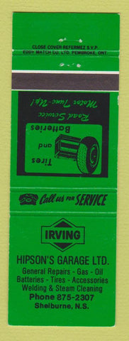 Matchbook Cover - Irving oil gas Hipson's Garage Shelburne NS